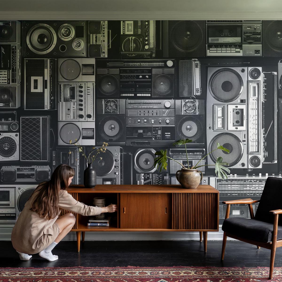 FOTOTAPETE 208x146 cm - Retro-Radio - Schwarz, Textil (208/146cm) - Wallfluent