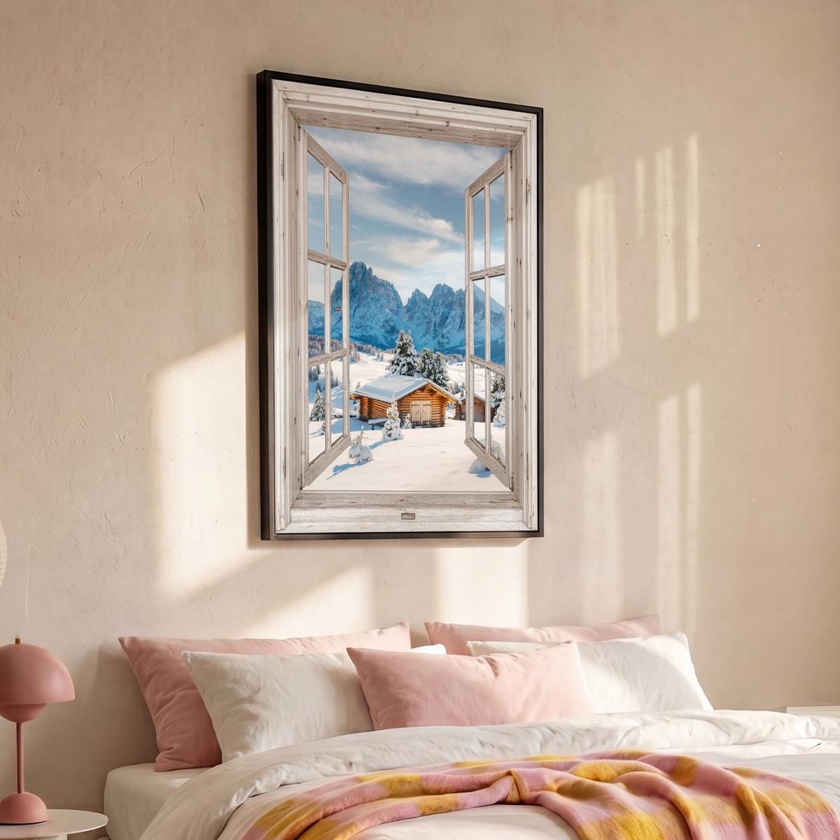 LEINWAND Bilder mit Rahmen - Winterlandschaft - Hütte - Berge - Ausblicke - Aussicht - Natur - 100x150 - Weiß Hochglanz, Textil (100/150cm) - MuchoWow