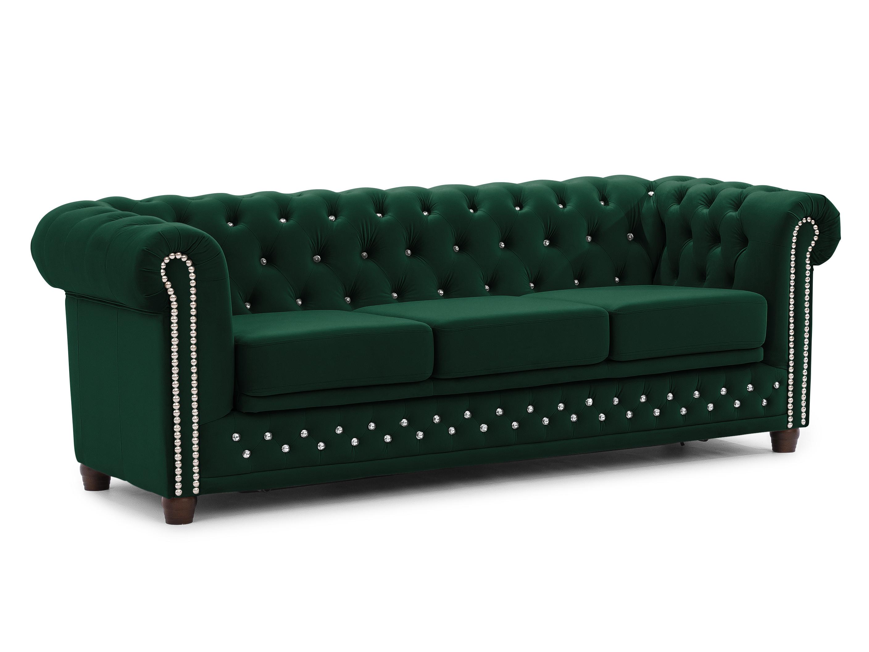CHESTERFIELD-SOFA 3-Sitzer mit Schlaffunktion Cleo Blink Flasche Grün Samt mit Kristallsteppung und braunen Massivholzfüßen - Braun/Grün, Holz/Textil (203/72/86cm) - S-Style