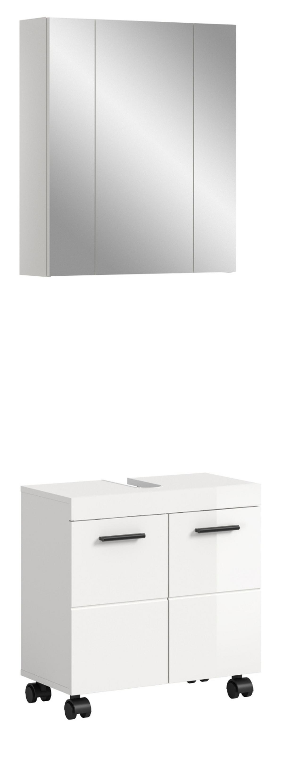 BADMÖBEL-SET weiß Hochglanz 2-teilig 60 cm, Badkombination auf Rollen - Weiß Hochglanz/Schwarz, Glas/Holzwerkstoff (60/191/30cm) - Inn.Furn