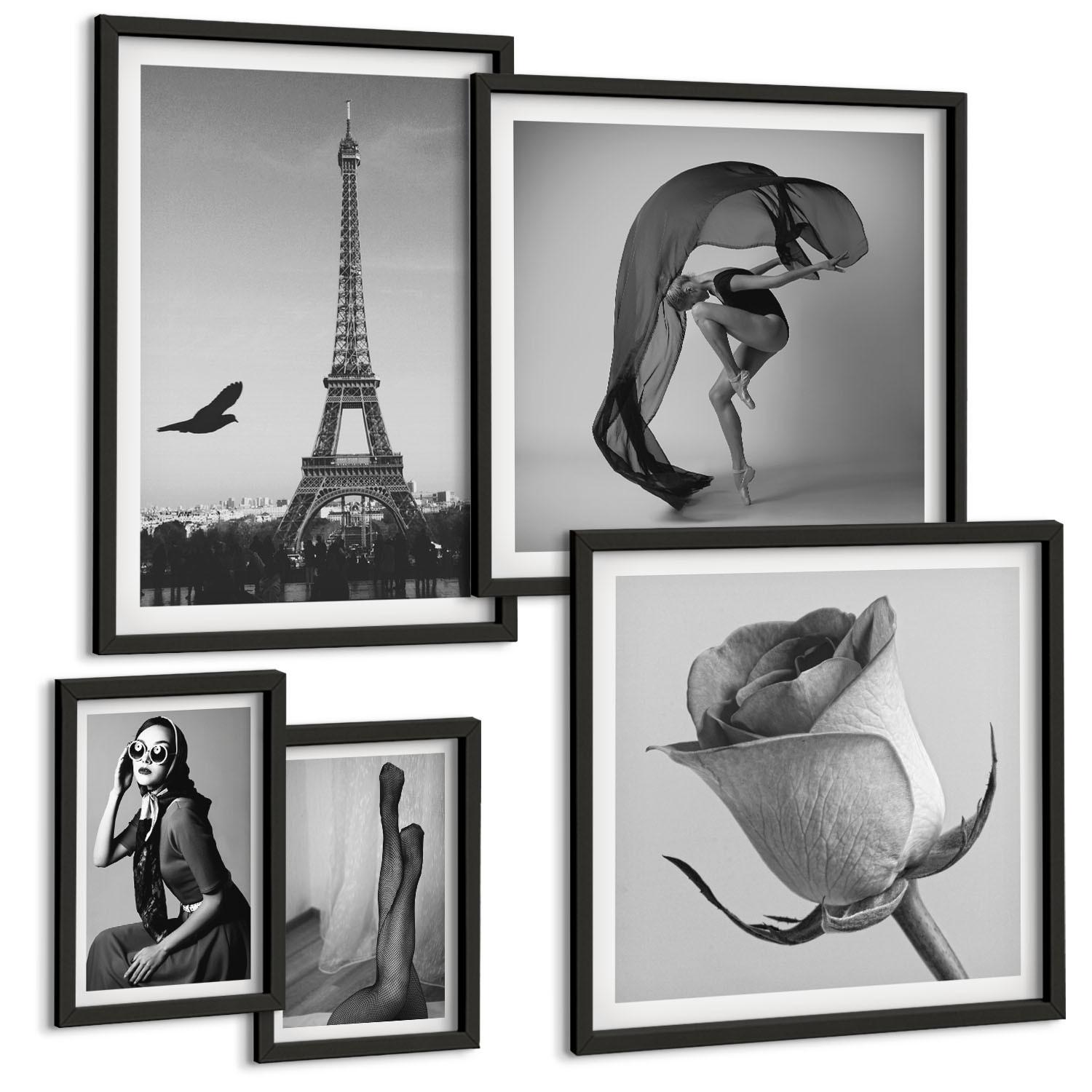 BILDER SET 5er Set - 50x50 cm & 20x30 cm & 40x60 cm Schwarzer Rahmen - Stilvolle Porträts eleganter Frauen - Schwarz, Kunststoff (40/60cm) - TULUP