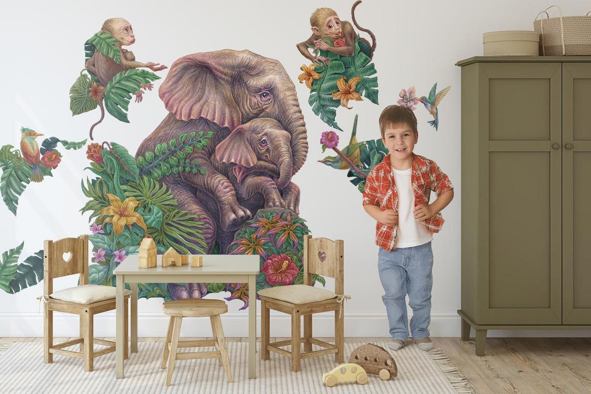 WANDAUFKLEBER 130x164cm - Tropische Safari - Multicolor, Kunststoff (130/164/0.1cm) - Wallfluent
