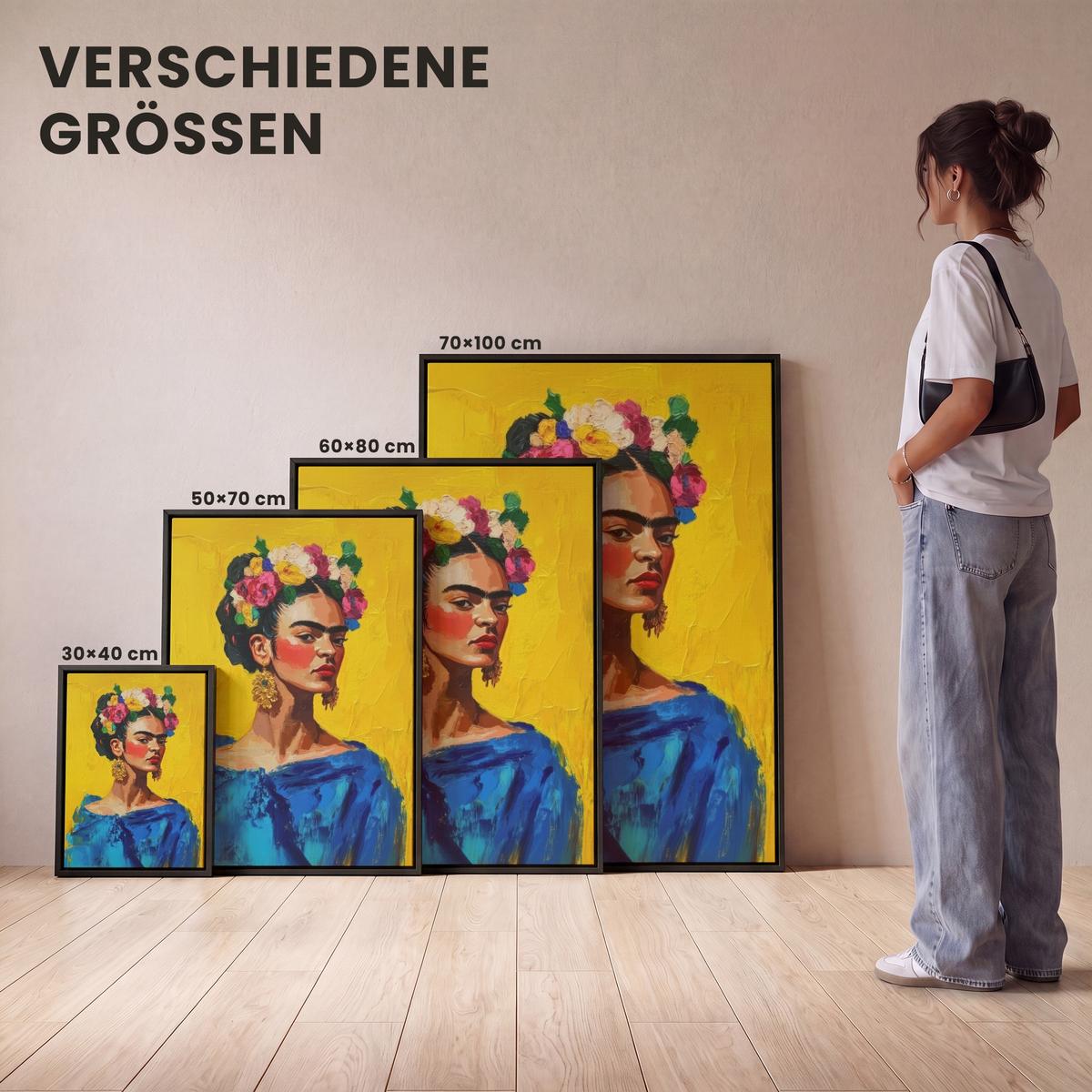 LEINWAND Bilder mit Rahmen - Frida Kahlo - Frau - Gelb - Blau - Blumen - 70x100 - Gelb, Textil (70/100cm) - MuchoWow