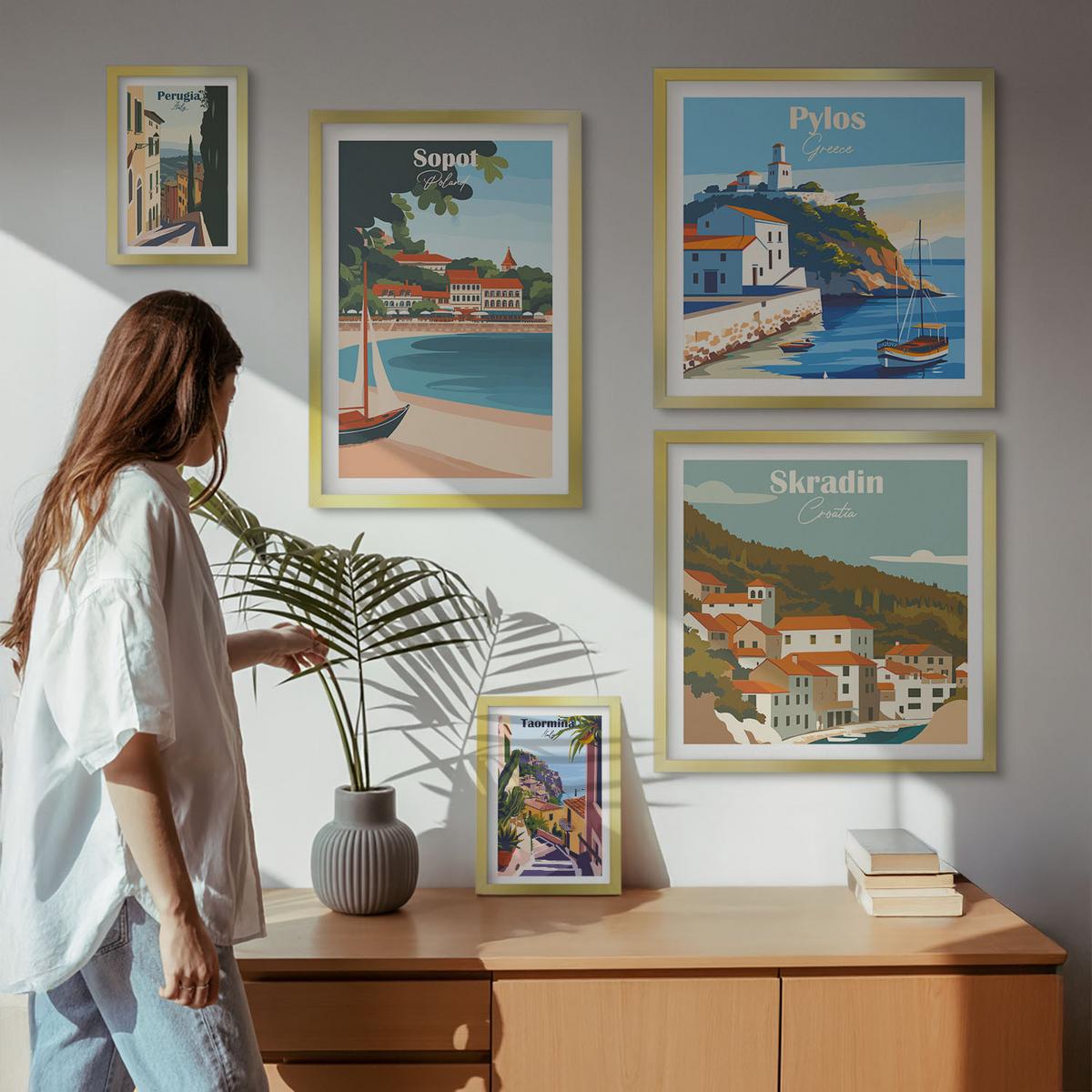 BILDER SET 5er Set - 50x50 cm & 20x30 cm & 40x60 cm Goldrahmen - Retro-Landschaften im malerischen Stil - Goldfarben, Kunststoff (40/60cm) - TULUP