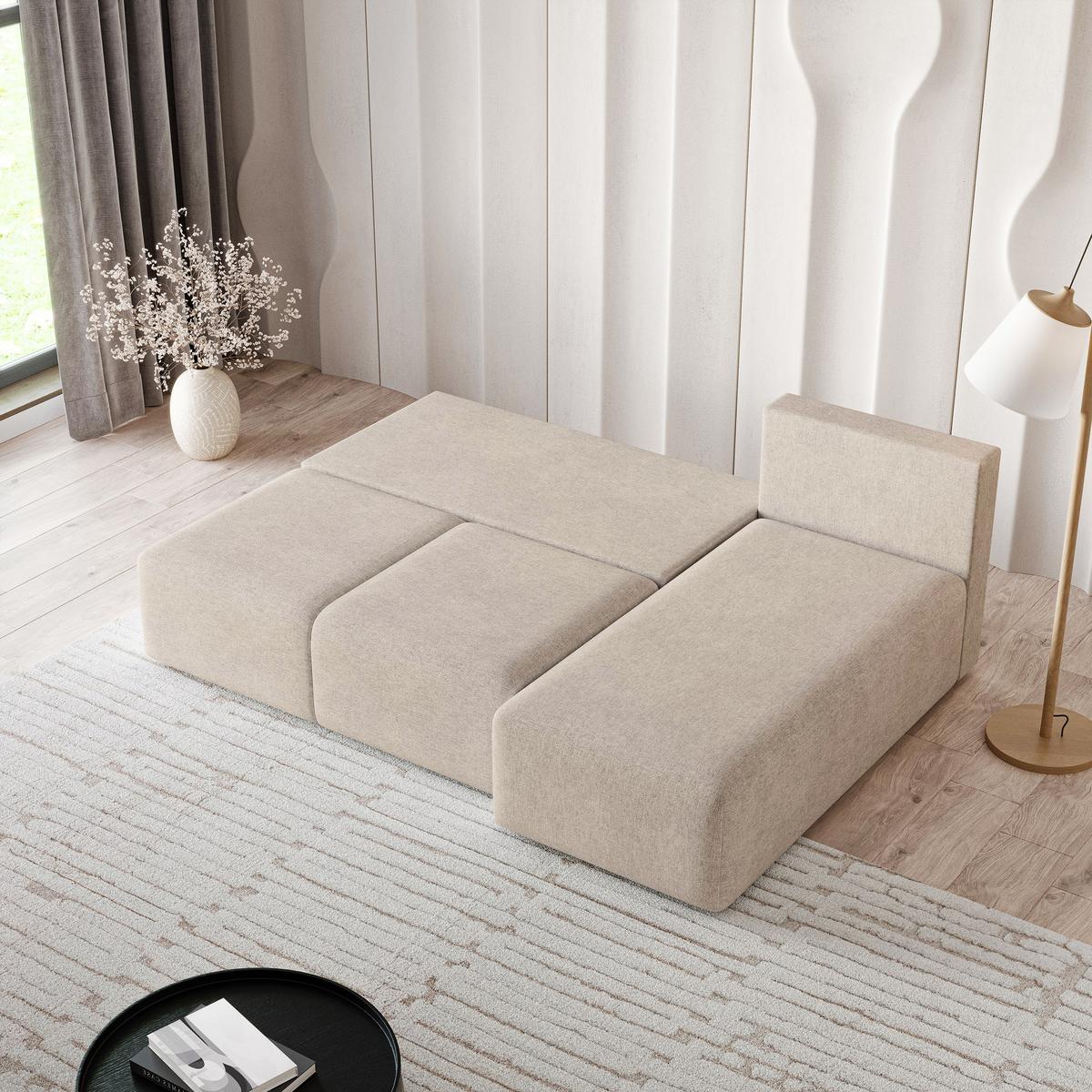 ECKSOFA TRAMA Beige Geflochtener Stoff mit Schlaffunktion - Beige, Holz (200/143cm) - MASSENO
