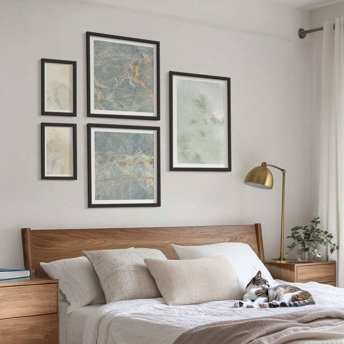 BILDER SET 5er Set - 50x50 cm & 20x30 cm & 40x60 cm Schwarzer Rahmen - Pastellfarben auf Aquarellleinwand - Schwarz, Kunststoff (40/60cm) - TULUP
