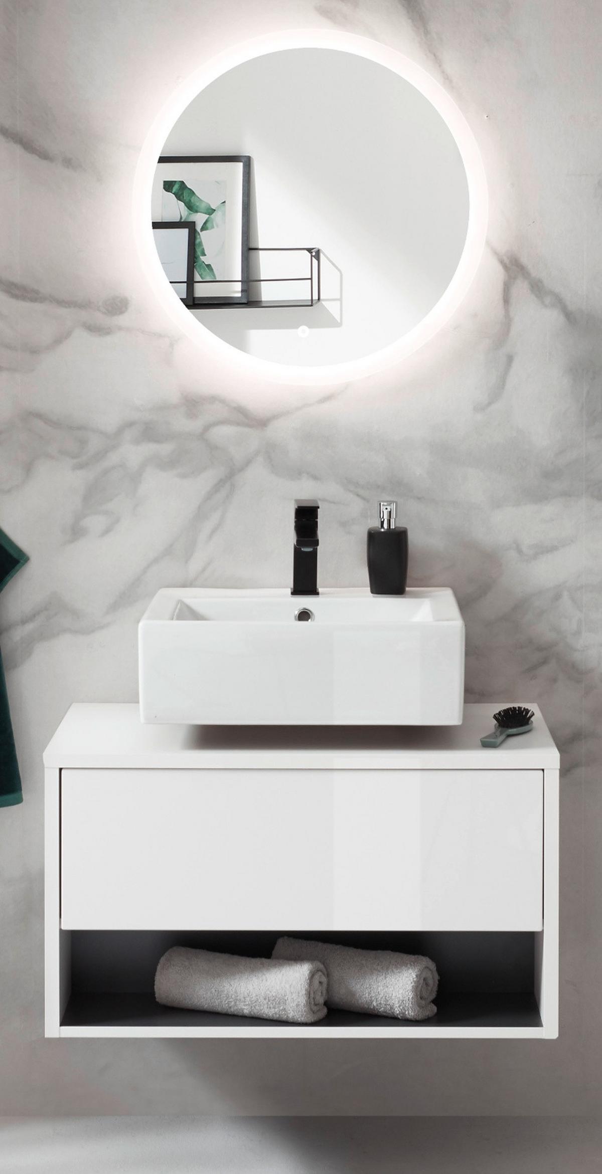BADMÖBEL-SET weiß Hochglanz, grau, Badezimmer Set inklusive LED Beleuchtung, Breite 80 cm - Weiß Hochglanz/Grau, Glas/Holzwerkstoff (80/190/46cm) - Furn.Design