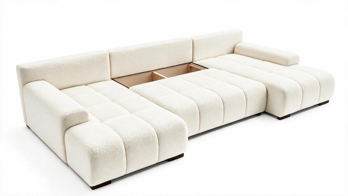WOHNLANDSCHAFT OVIA U mit Bettkasten und Schlaffunktion, Bouclé-Stoff in U-Form - Beige, Textil (350/80/185cm)