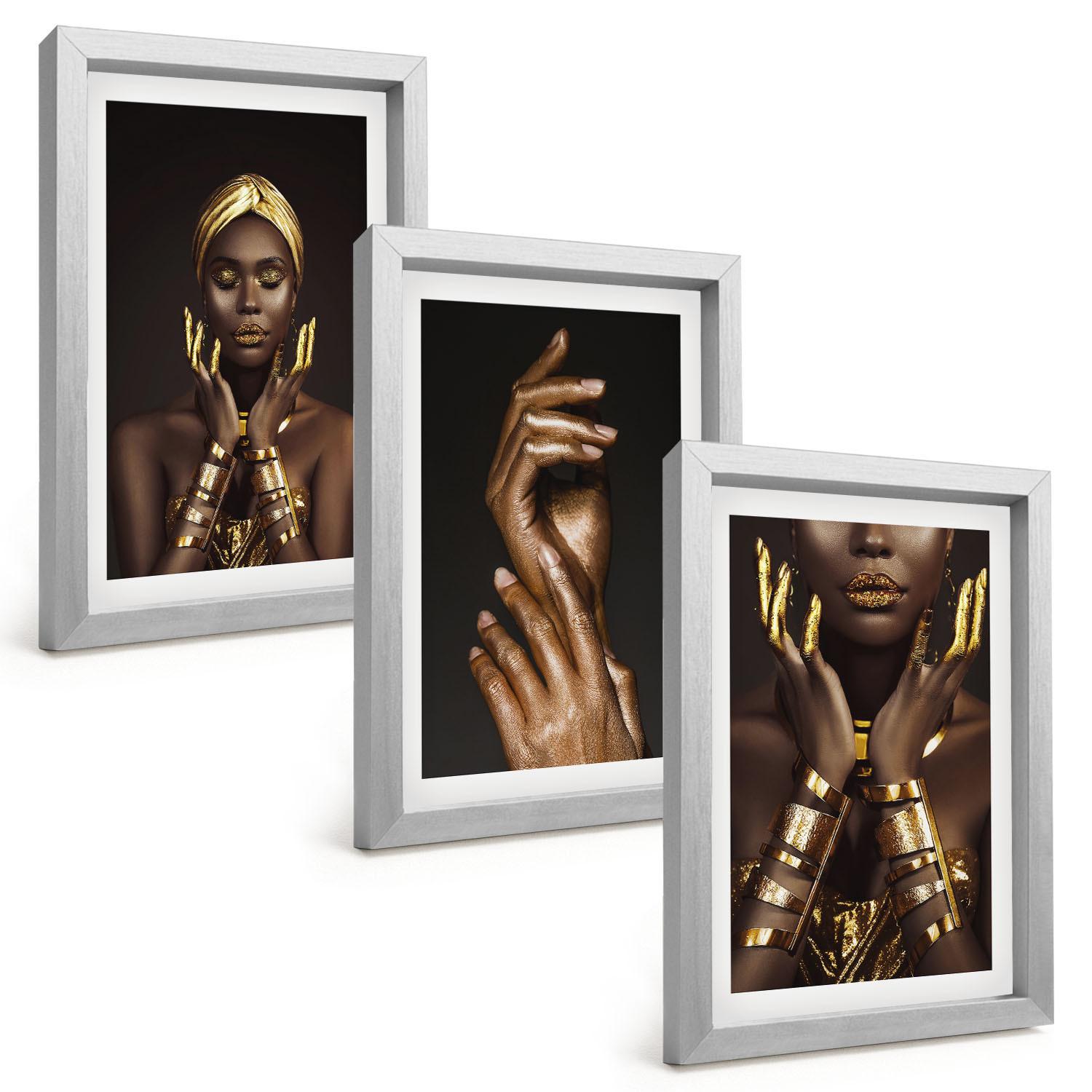 BILDER SET 3er Set - 20x30 cm Silberner Rahmen - Porträts afrikanischer Frauen - Silberfarben, Kunststoff (20/30cm) - TULUP
