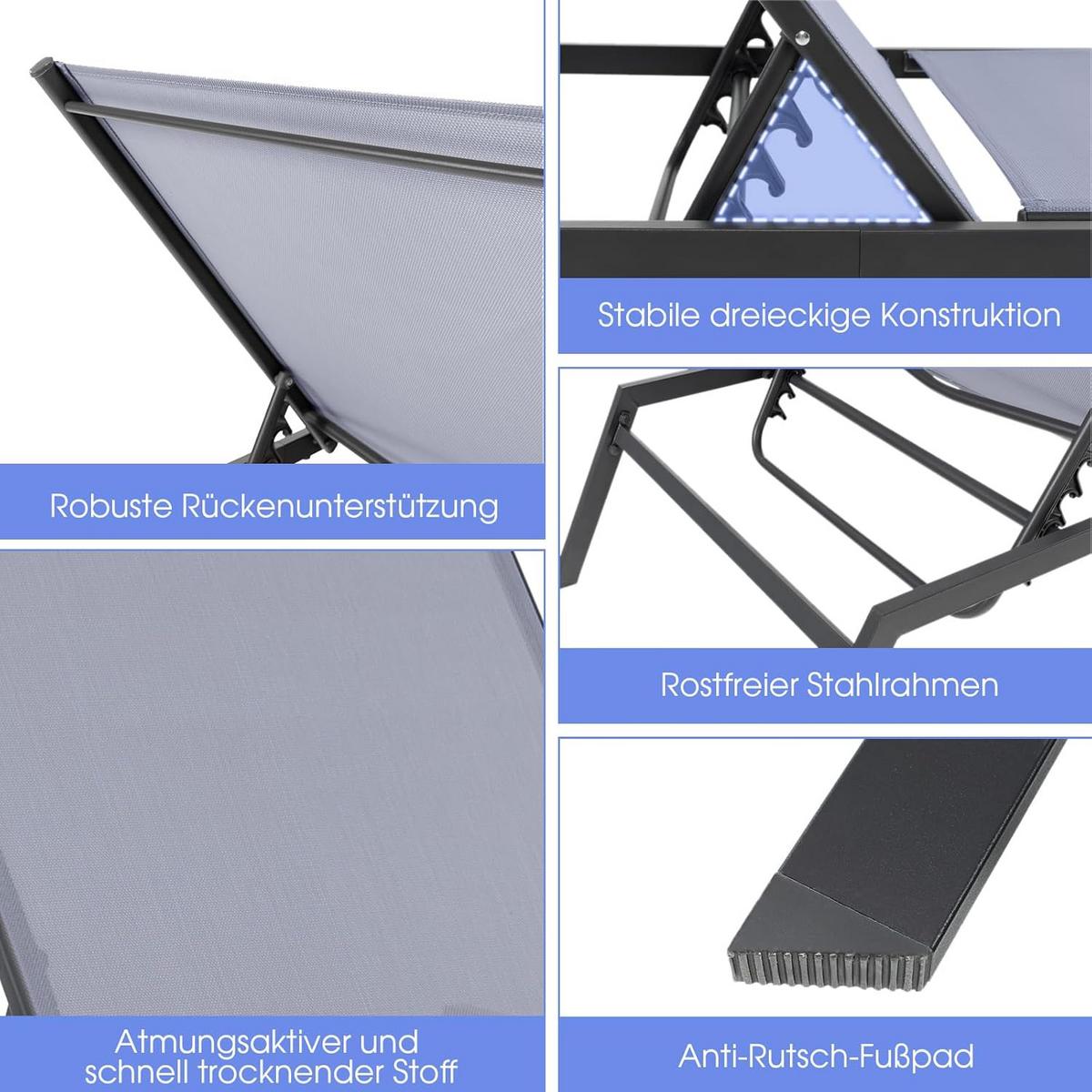 GARTENLIEGE Grau - Grau, Textil (199.5/35/70cm) - COSTWAY