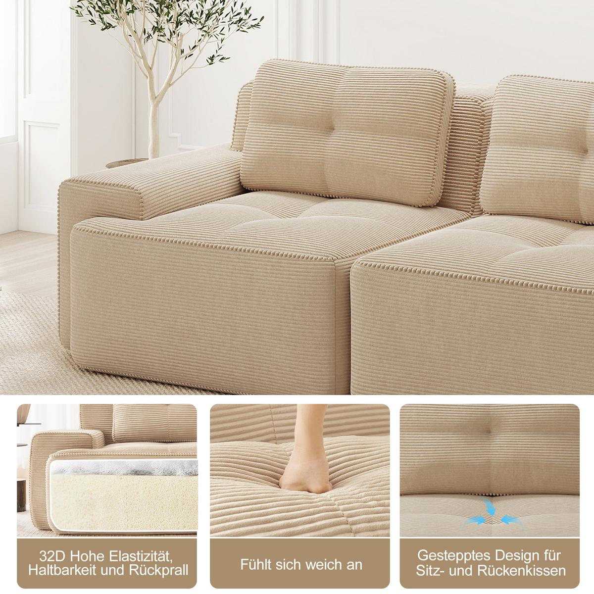 2-SITZER SOFA cord beige modular & extra tiefer sitz - Beige, Textil (204/69/104cm) - Urban Meuble