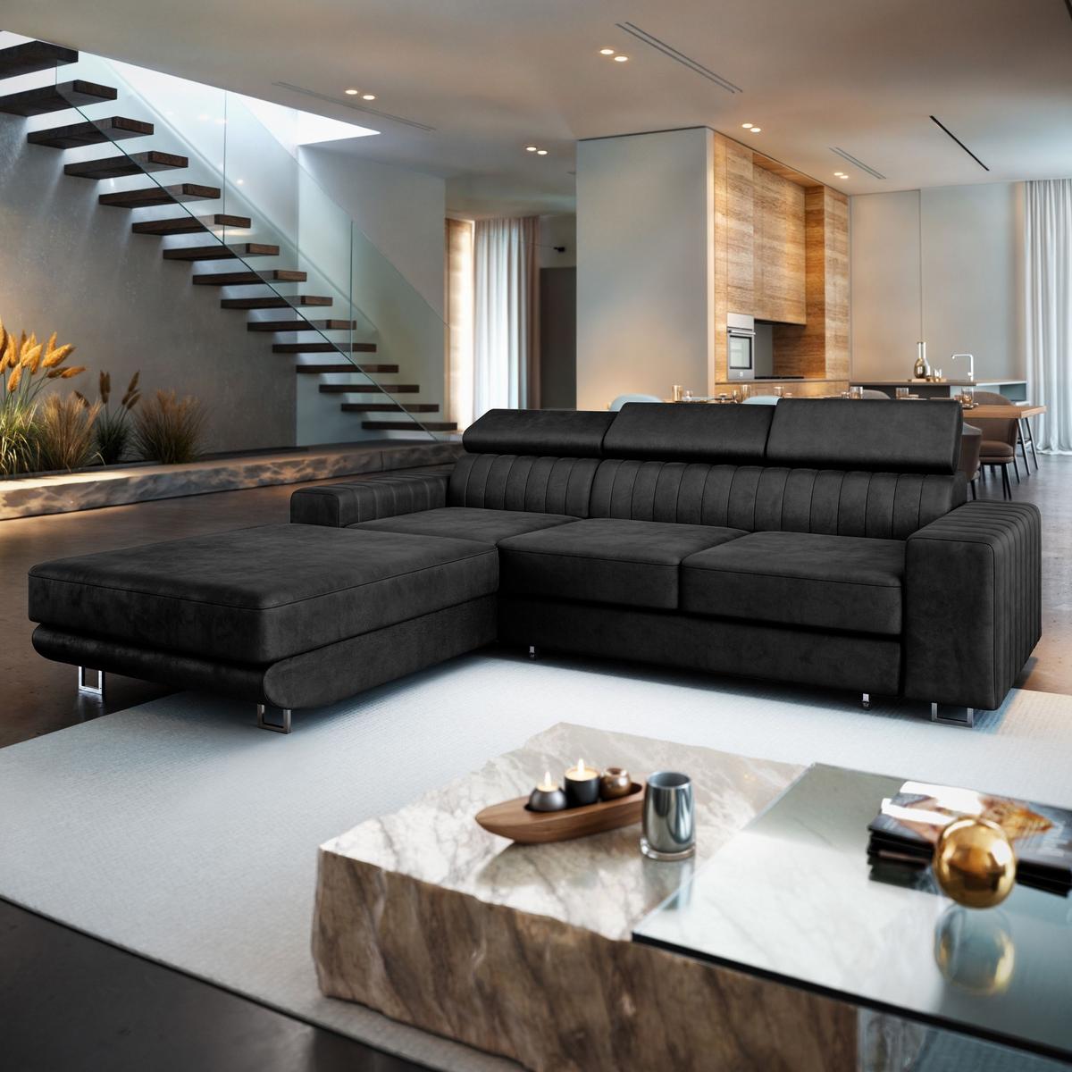ECKSOFA NOTO L-S Schwarz Velours-Stoff mit Schlaffunktion - Silberfarben/Schwarz, Holz/Textil (267/190cm) - MASSENO