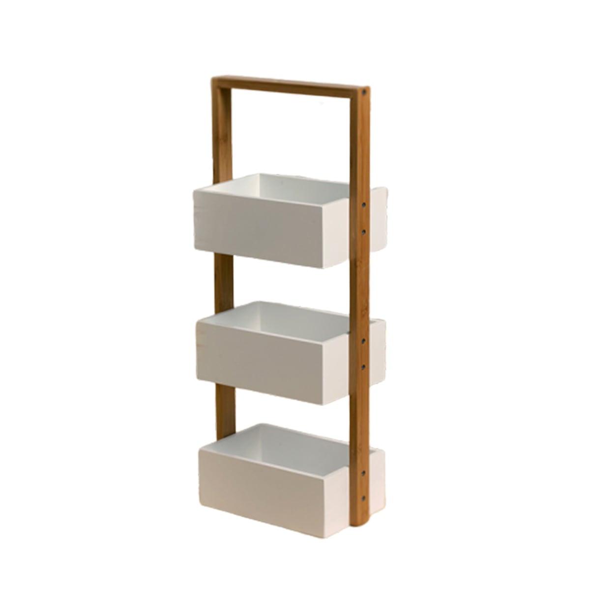 BAMBUSREGAL mit 3 Aufbewahrungsboxen 28.5/15/66 cm - Weiß, Holz (15/66/28.5cm) - Calicosy