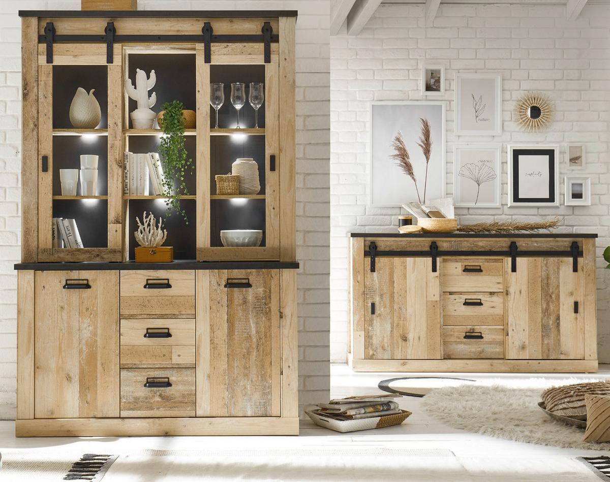 ESSZIMMER-SET Esszimmer Set, Used Wood hell, anthrazit, Wohnkombination 2-teilig mit Buffetschrank Sideboard - Eichefarben/Anthrazit, Holzwerkstoff/Metall (315/201/43cm) - Furn.Design