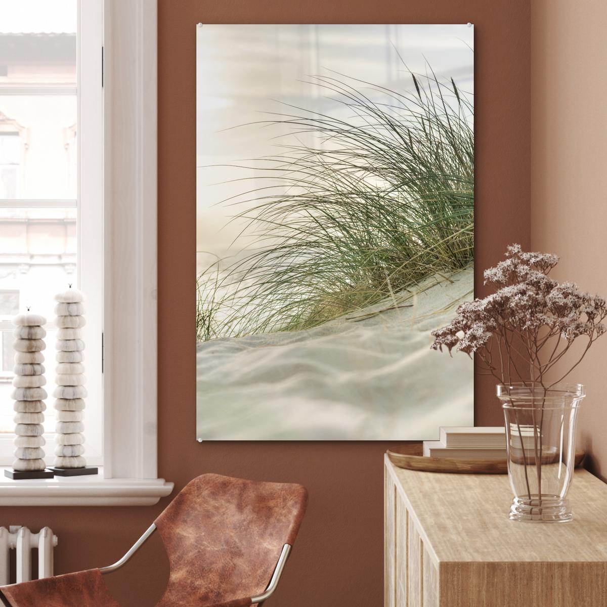 ACRYLGLASBILD Dünen mit Strandhafer in der Sonne des Nationalparks Schleswig-Holsteinisches Wattenmeer 80x120 cm - Creme, Glas (80/120cm) - MuchoWow