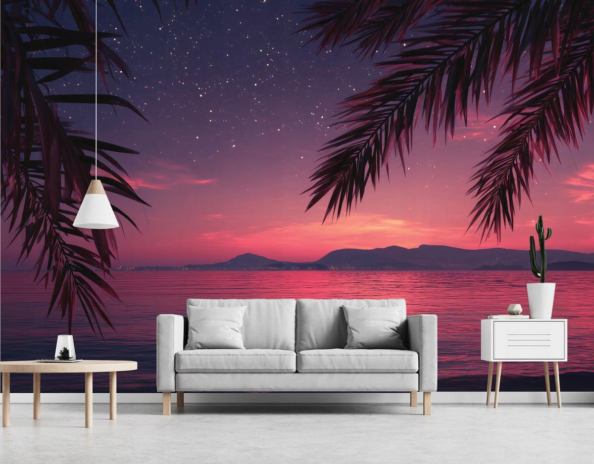 FOTOTAPETE Palmen Strand Lila 300x210 cm - Multicolor, Papier (300/210cm) - Wallarena