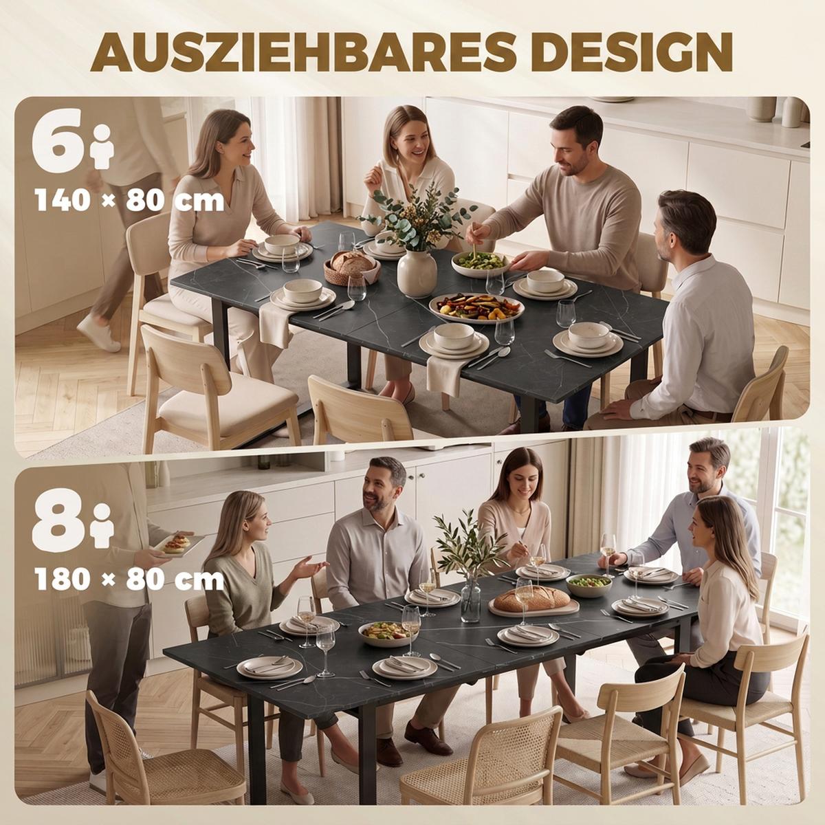 AUSZIEHBARER Esstisch MDF Schwarz - Schwarz, Holzwerkstoff (180/80/75cm) - HOMCOM