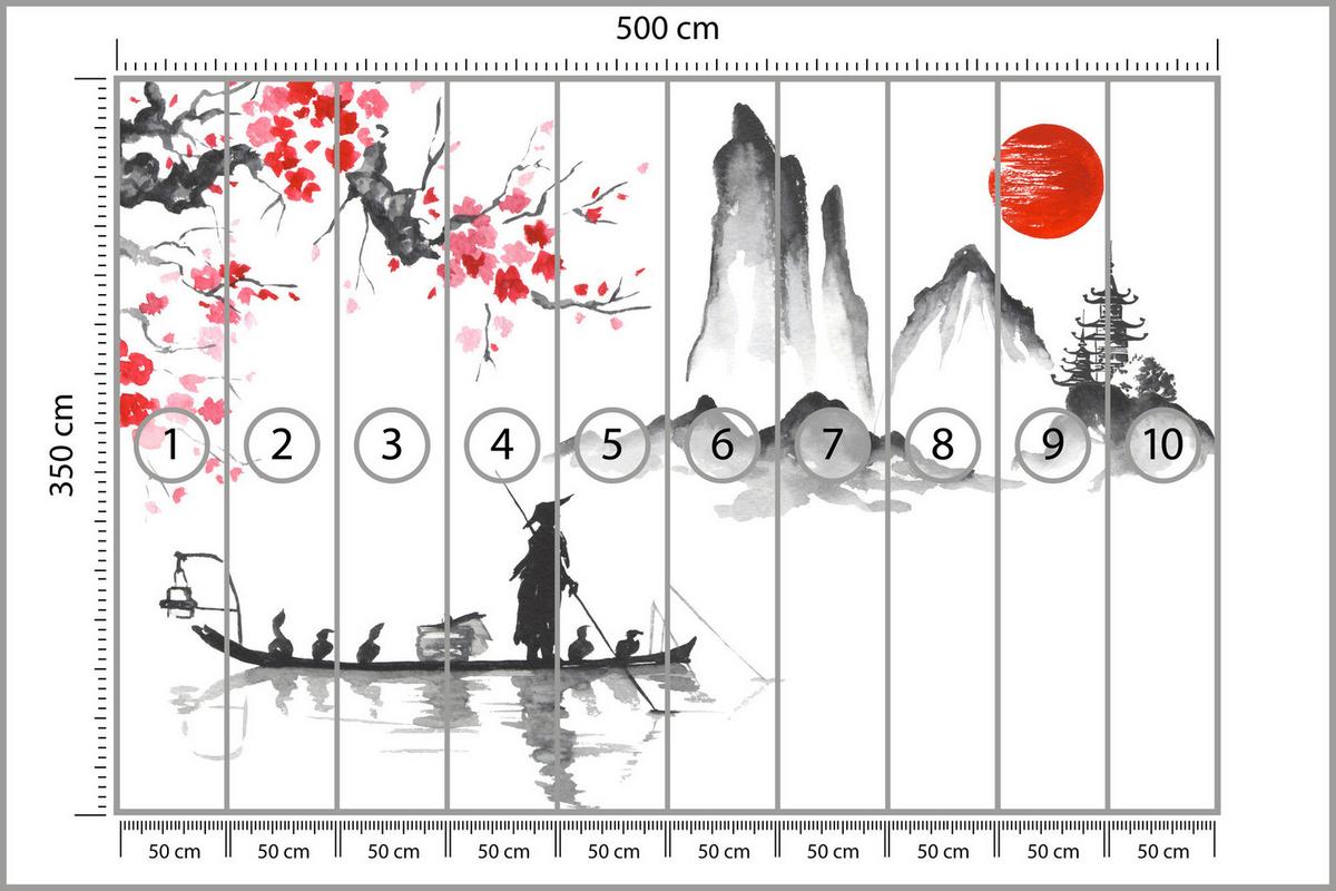 FOTOTAPETE Japanische Landschaft Aquarell 500x350 - Rot/Schwarz, Papier (500/350cm) - Muralo
