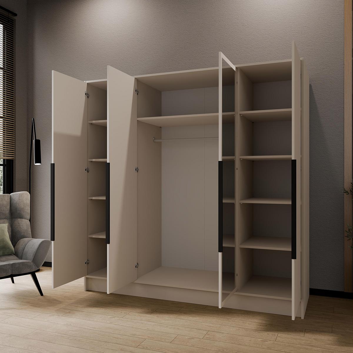 DREHTÜRENSCHRANK Laro mit Spiegel, Kaschmir mit mit schwarzen Griffen, 200 cm - Kaschmir, Holzwerkstoff (200/200/51cm) - Beautysofa