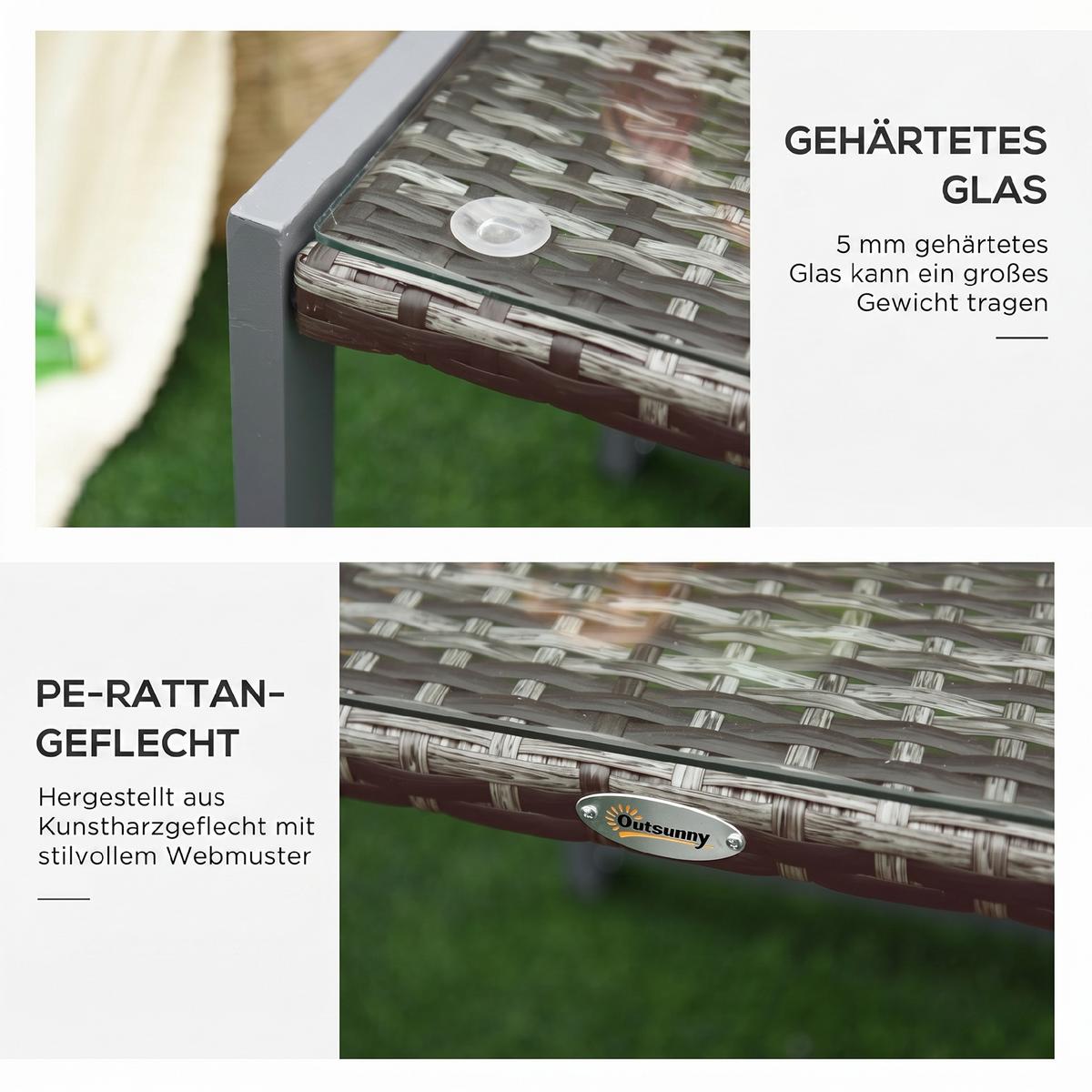 CARTENTISCH, Grau, Polyrattan, Aluminium, Hartglas - Grau, Kunststoff (50/495/50cm) - Outsunny
