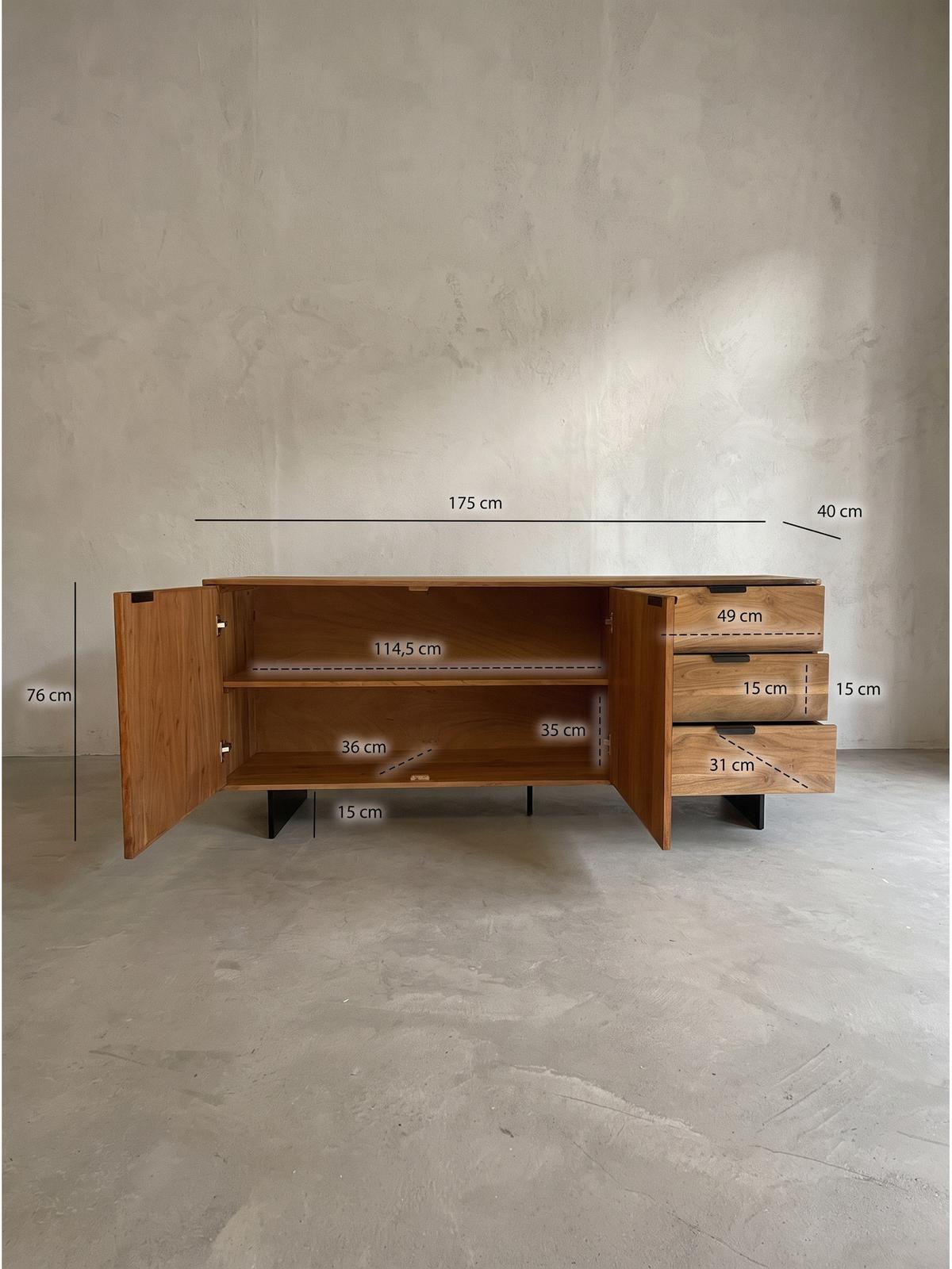 KOMMODE MONTEFALCO, Akazie Massivholz, Akazie-Schwarz, 175 x 40 x 76 cm - Schwarz/Akaziefarben, Holz/Metall (175/76/40cm) - KADIMA DESIGN