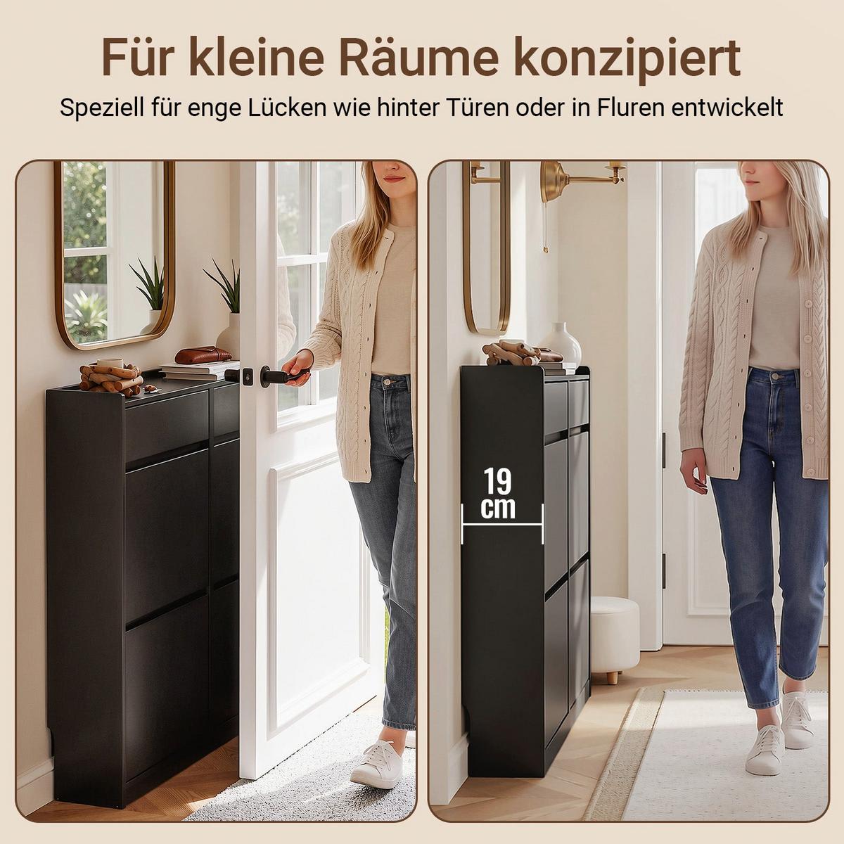 SCHUHKIPPER mit 4 Klappen und 2 Schubladen, Schwarz 98x19x95 cm - Schwarz, Holzwerkstoff (98/95/19cm) - SoBuy