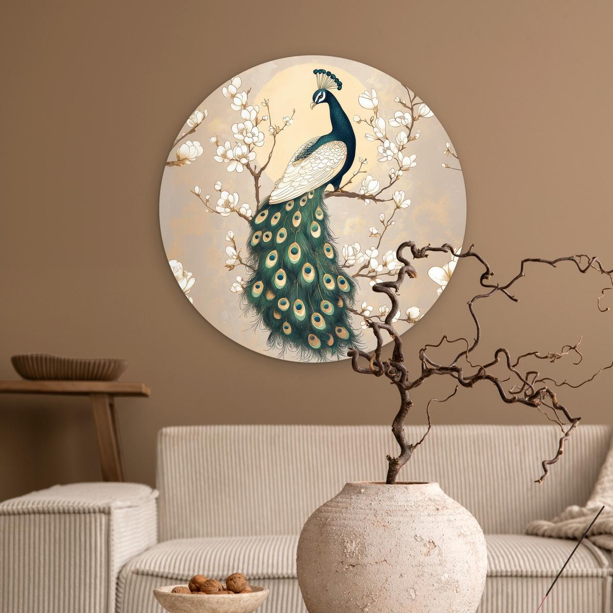 WANDBILD Pfau - Zweig - Blumen Wanddeko Schlafzimmer 60x60 cm - Champagner, Kunststoff (60/60cm) - MuchoWow