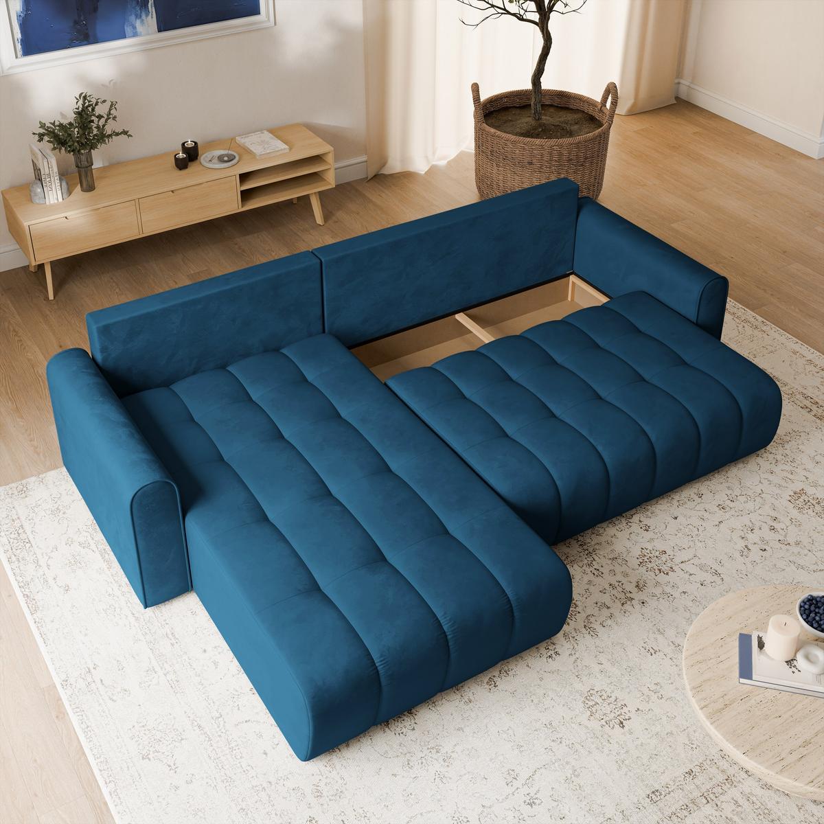 ECKSOFA FRIGA Blau Velours-Stoff mit Schlaffunktion - Blau, Holz (283/185cm) - MASSENO