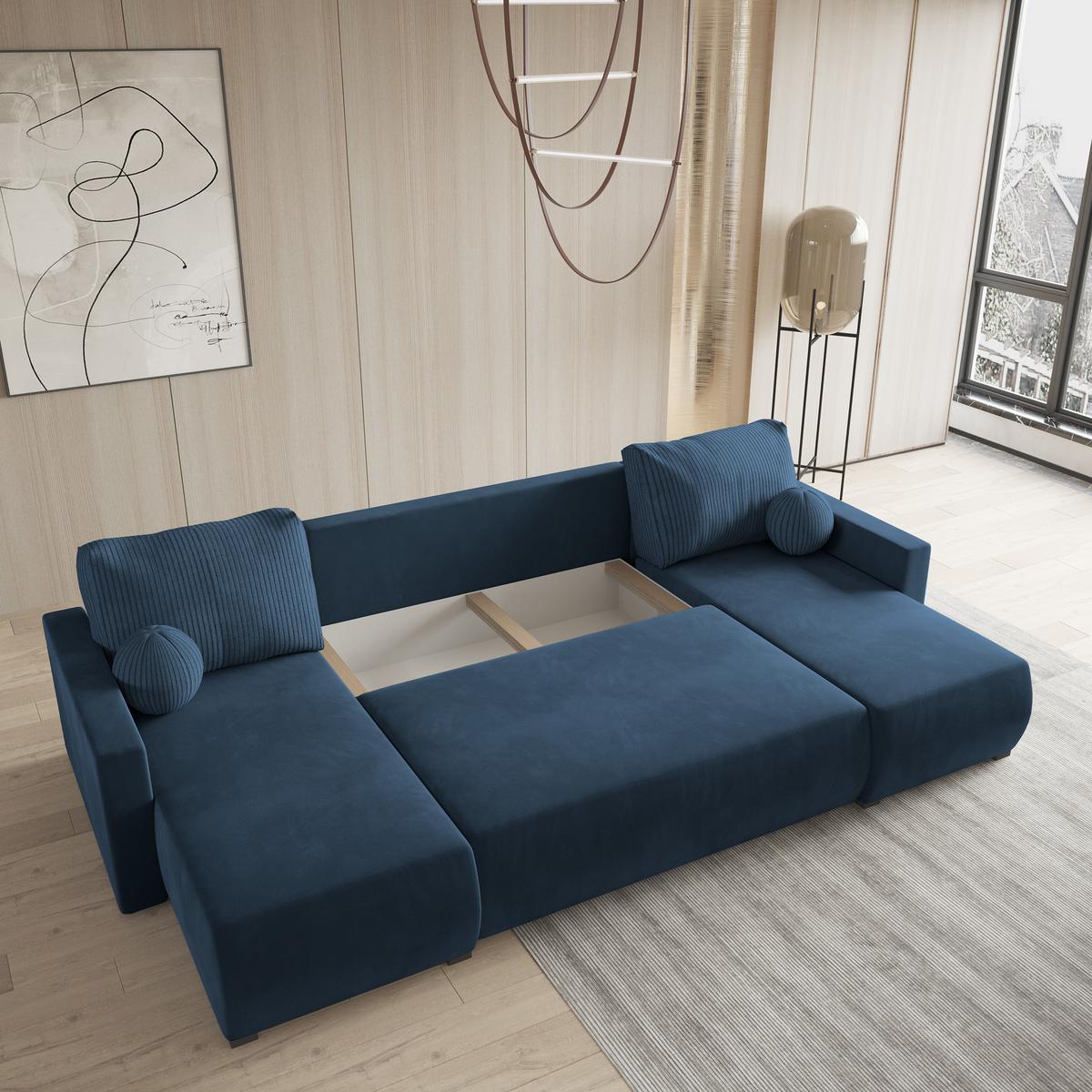 WOHNLANDSCHAFT TESSUN Blau Plüsch-Stoff mit Schlaffunktion - Blau, Holz (286/85/143cm) - MASSENO