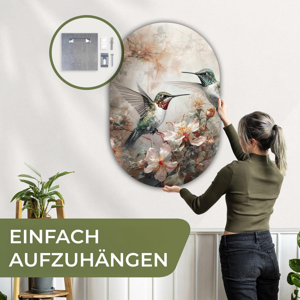 WANDBILD Kolibri - Vögel - Blumen - Pflanzen Deko Groß 80x120 cm - Hellgrün, Kunststoff (80/120cm) - MuchoWow