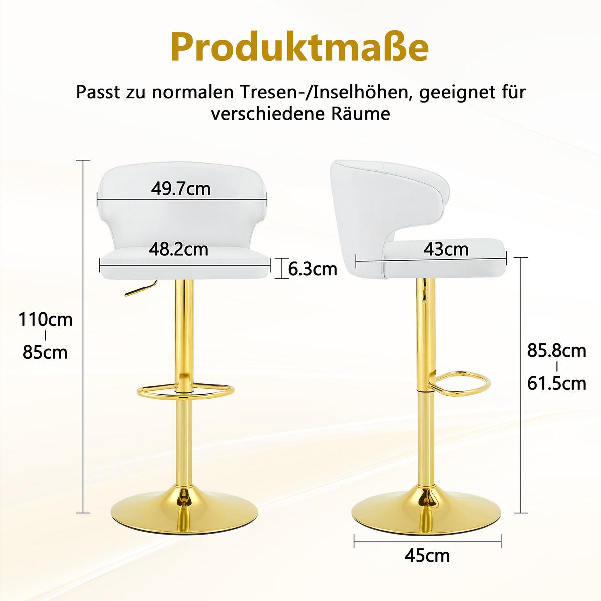 BARHOCKER 2er Set Weiß PU-Leder Höhenverstellbar mit Lehne & Fußstütze - Weiß, Leder (49.7/110/45cm) - Urban Meuble