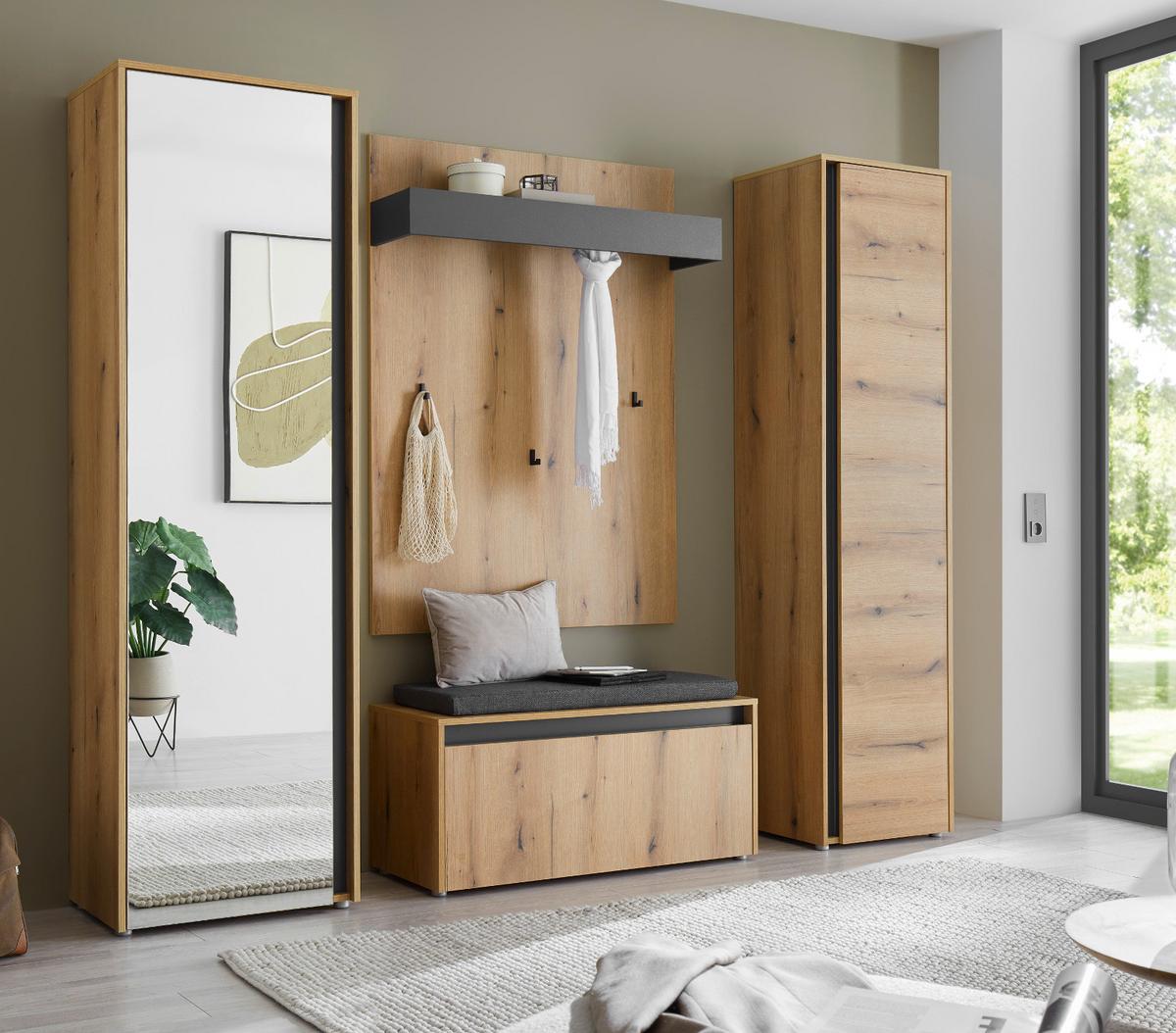 GARDEROBE-SET 5-teilig Evoke Eiche und Grau 230 cm, Flurgarderobe Komplett-Set inkl. Sitzkissen - Eichefarben/Schwarz, Glas/Holzwerkstoff (230/200/200cm) - Furn.Design