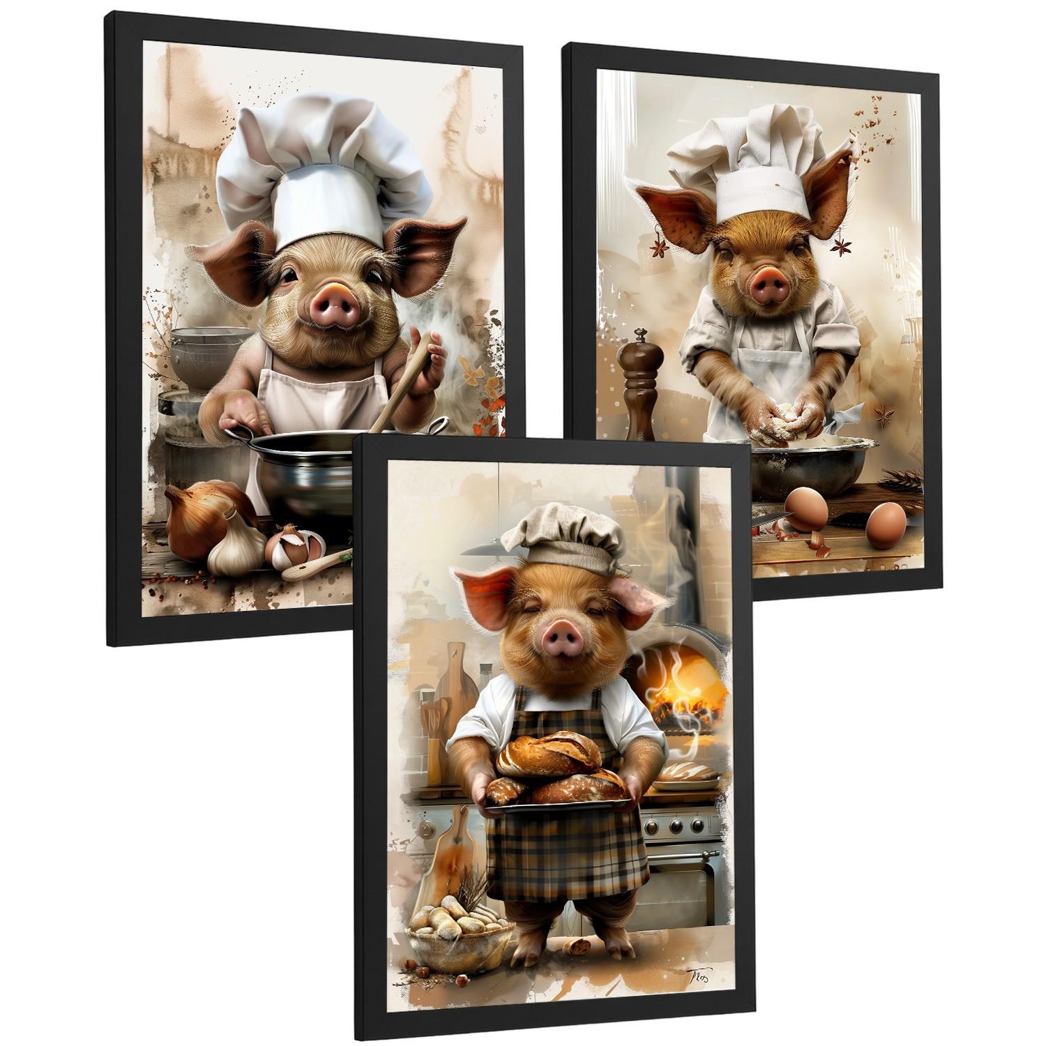 POSTER 3er Set Schwein Bäcker Wandbilder Lustiges Tier Koch Brot Backen Illustration Küche Wanddeko Schwarzer Rahmen A4 - Schwarz, Papier (29.7/1/21cm) - Nacnic