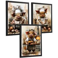 POSTER 3er Set Schwein Bäcker Wandbilder Lustiges Tier Koch Brot Backen Illustration Küche Wanddeko Schwarzer Rahmen A4 - Schwarz, Papier (29.7/1/21cm) - Nacnic