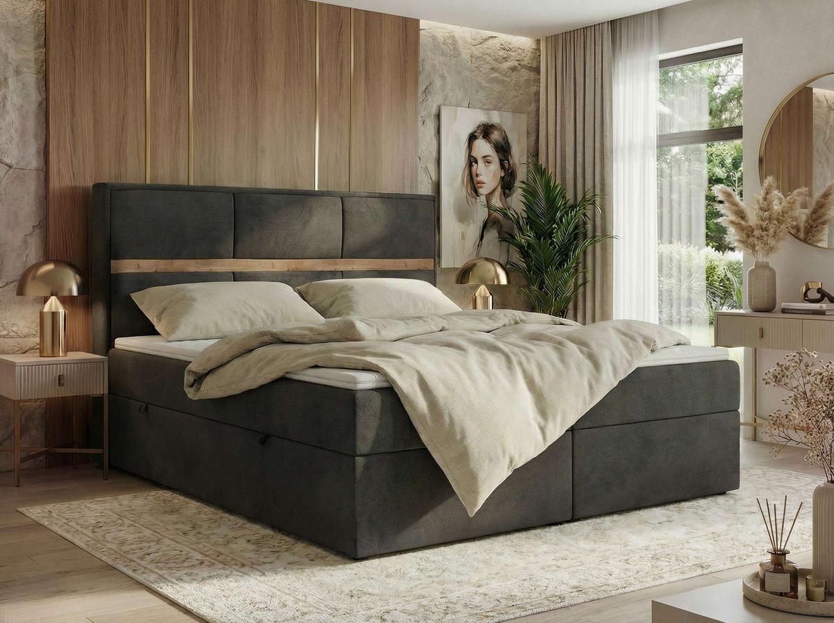 BOXSPRINGBETT ORVO 140/200 - Dunkelgrau Velvet - Topper T25 - H4 - Dunkelgrau/Schwarz, Kunststoff/Textil (140/200cm) - MKS