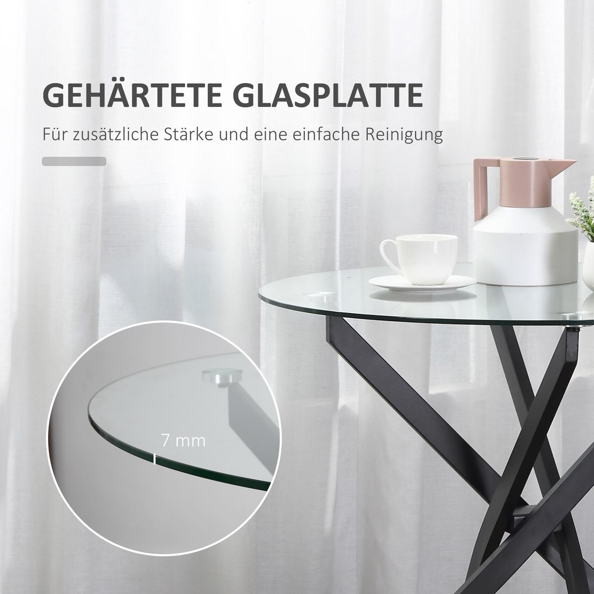 ESSTISCH, Rund Küchentisch für 4 Personen, runder Esszimmertisch Hartglas - Schwarz, Metall (80/80/75cm) - HOMCOM