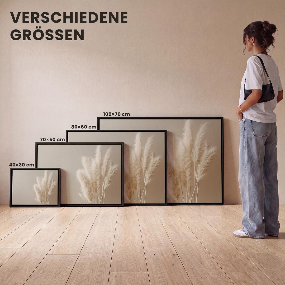 LEINWAND Bilder mit Rahmen - Pampasgras - Federn - Pastell - Weiß - 80x60 - Naturfarben, Textil (80/60cm) - MuchoWow