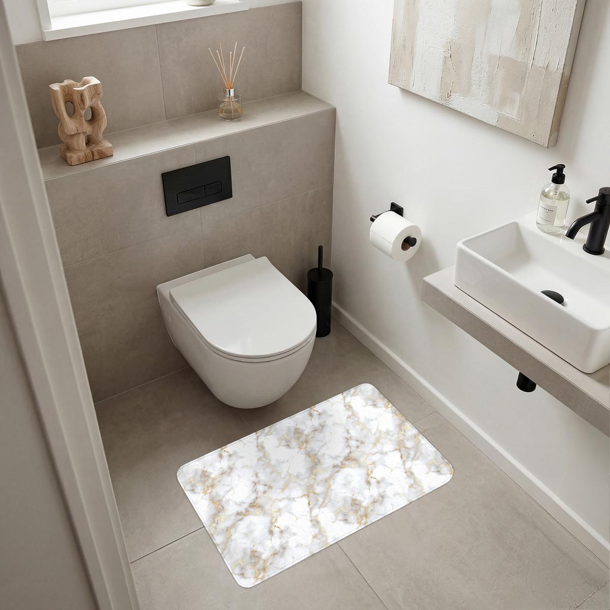BADEMATTE Goldene Adern - Marmor - Weiß 80x50 cm - Weiß, Textil (80/50cm) - OnlyWow
