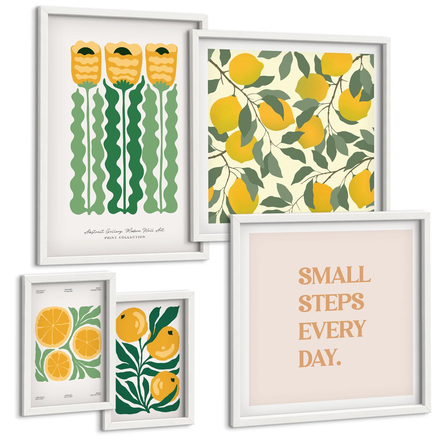 BILDER SET 5er Set - 50x50 cm & 20x30 cm & 40x60 cm Weißer Rahmen - Pflanzenmuster mit Blumen - Weiß, Kunststoff (40/60cm) - TULUP