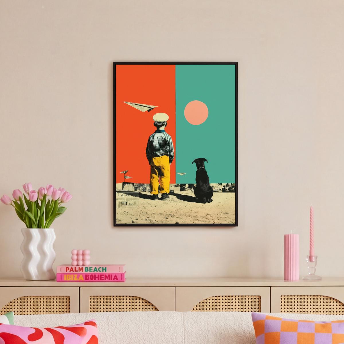 LEINWAND Bilder mit Rahmen - Retro - Junge - Hund - Rot - Grün - 60x80 - Orange, Textil (60/80cm) - MuchoWow