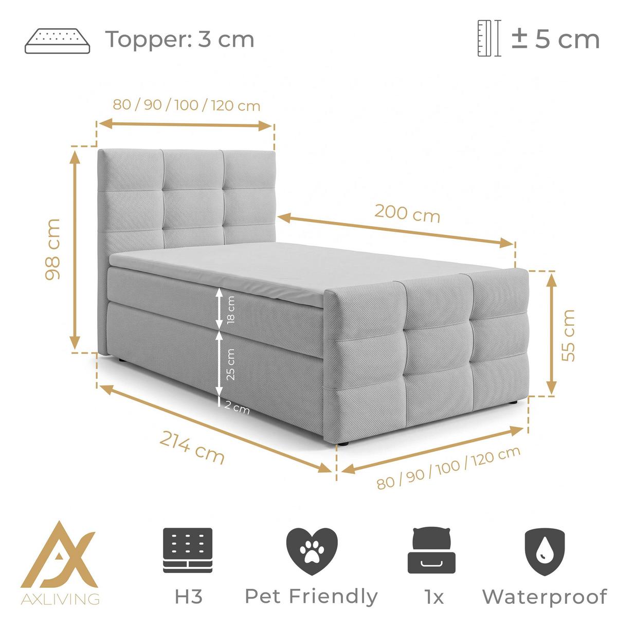 BOXBETT DEFNE 80x200 cm mit Fußteil und Matratze - Hellgrau + TOPPER - Hellgrau/Schwarz, Holz/Holzwerkstoff (80/200cm) - AX Living