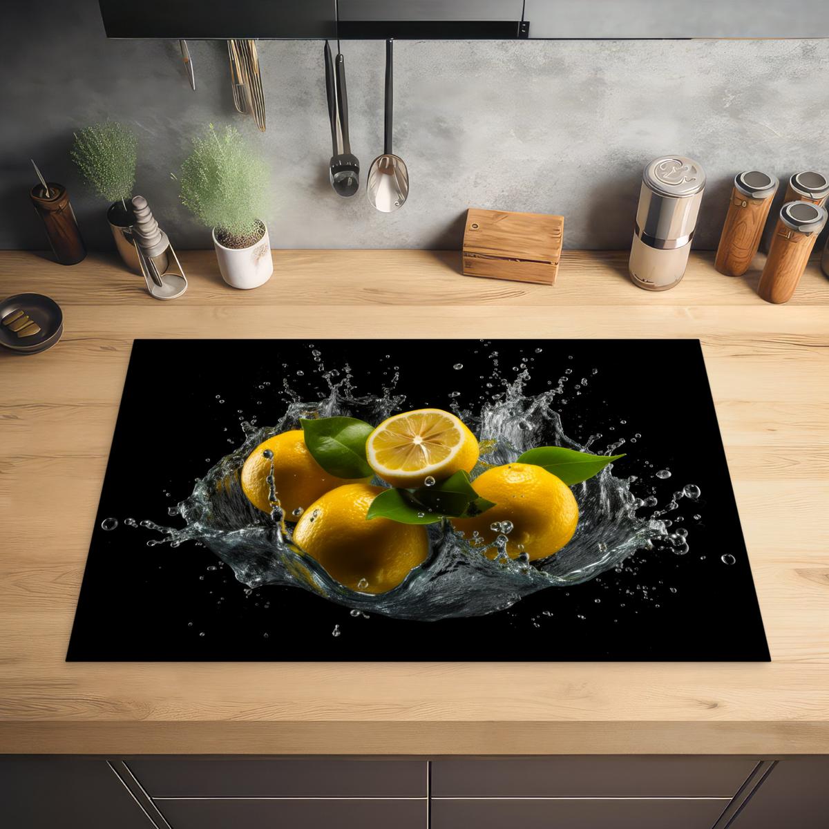 HERDABDECKPLATTE Zitrone - Obst - Gelb - Schwarz Ceranfeldabdeckung 80x52 cm - Gelb, Kunststoff (80/52/0.2cm) - MuchoWow