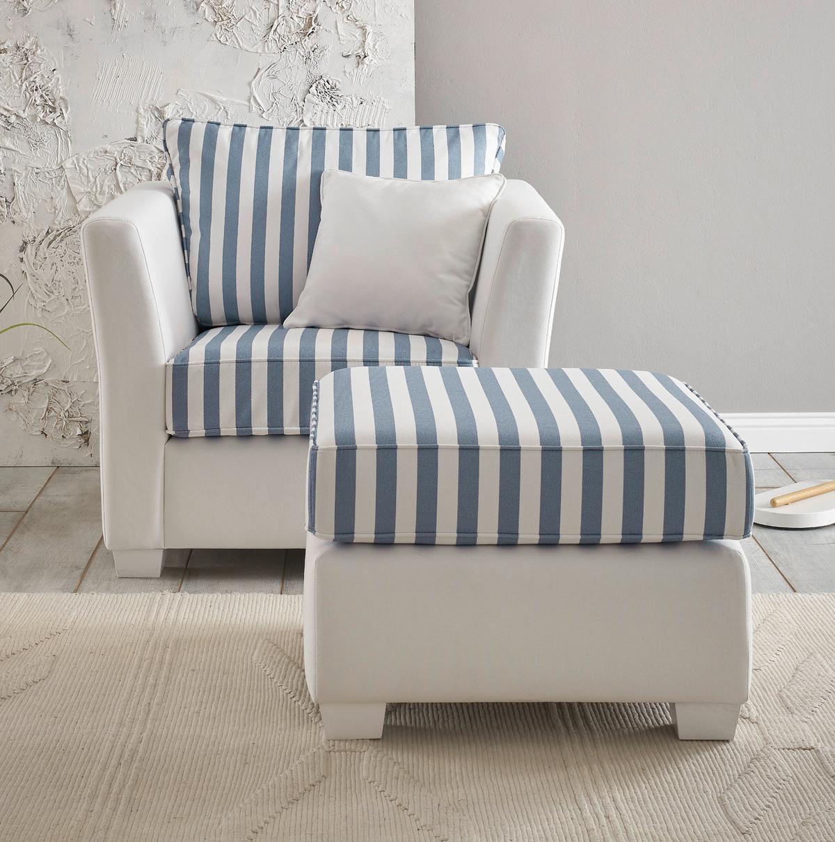 SESSEL creme blau gestreift, Landhaus 95 cm, Loungesessel Set inklusive Hocker - Blau/Creme, Holz/Textil (95/88/161cm) - Furn.Design