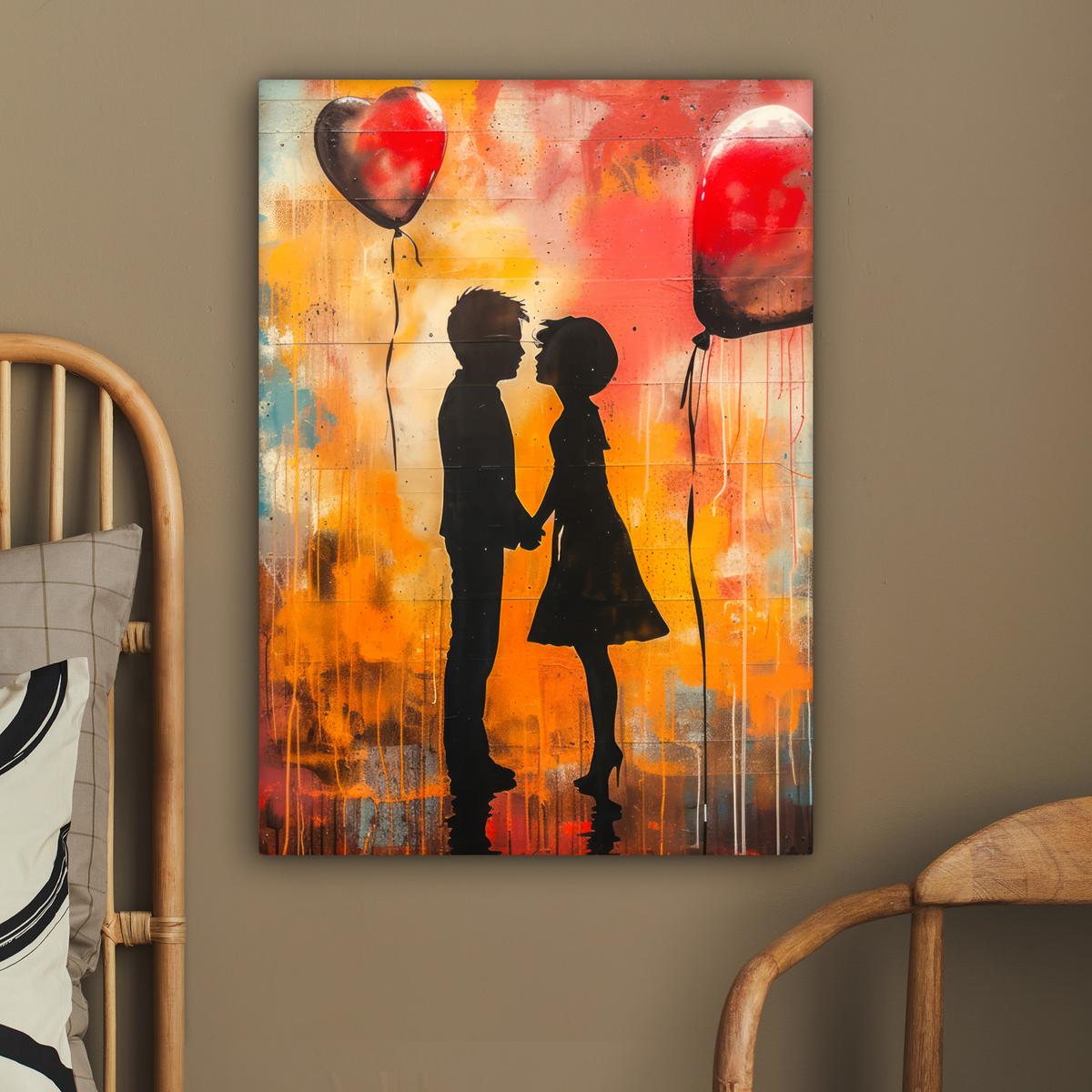 LEINWANDBILD Straßenkunst - Liebe - Graffiti - Kunst - Banksy Wandbild Wohnzimmer 60x80 cm - Orange, Textil (60/80cm) - MuchoWow