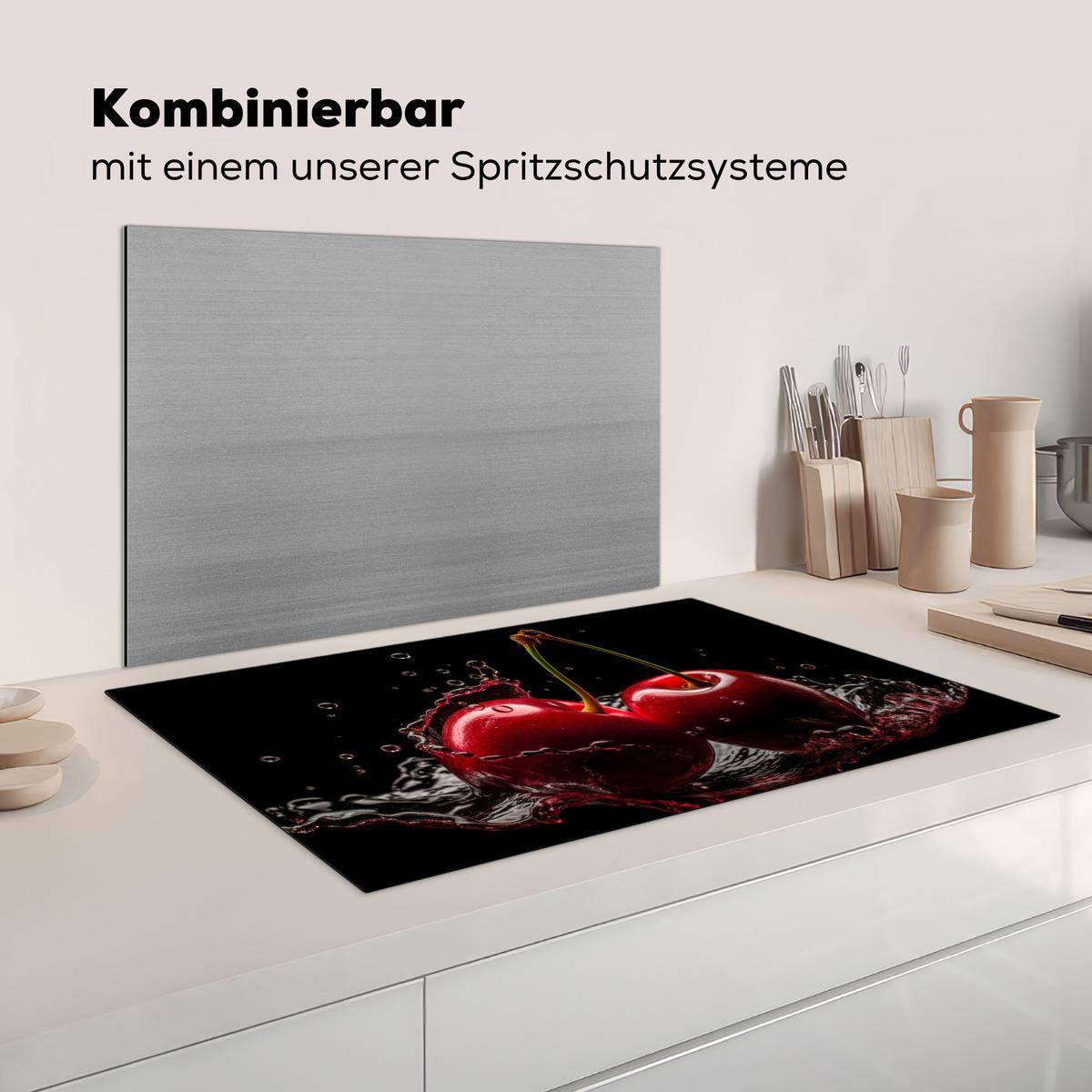 HERDABDECKPLATTE Kirsche - Rot - Frucht - Wasser - Schwarz Induktionsmatte 83x51 cm - Kirschrot, Kunststoff (83/51.5/0.2cm) - MuchoWow