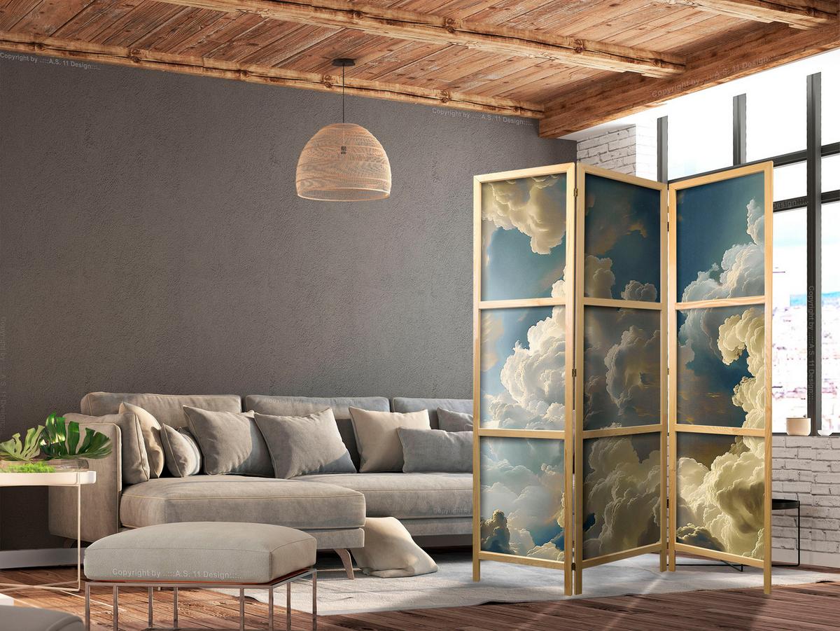 PARAVENT Japanischer 3-tlg 135x172 cm Malerische Wolken - Blau, Holz/Textil (135/172/3cm) - Muralo