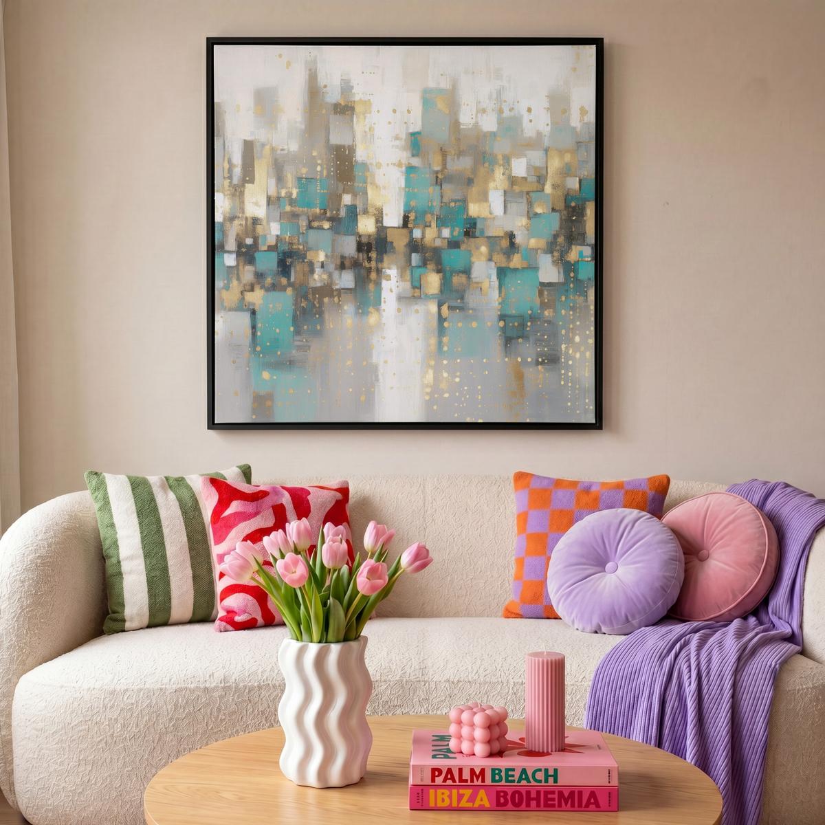 LEINWAND Bilder mit Rahmen - Abstrakt - Blöcke - Gold - Skyline - 90x90 - Beige, Textil (90/90cm) - MuchoWow