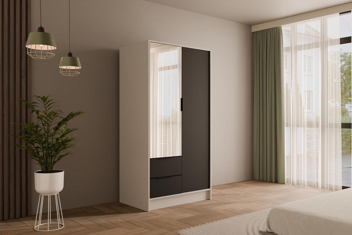 KLEIDERSCHRANK mit Spiegel und Flügeltüren KOLIN 100x200cm Weiß / Schwarz - Schwarz/Weiß, Holzwerkstoff (102/200/51cm) - ALTDECOR