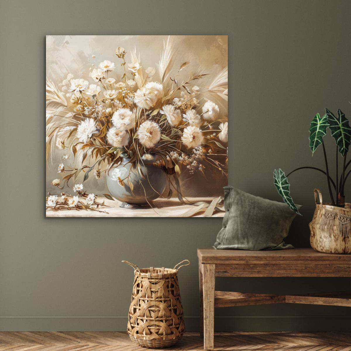 METALLBILD Blumen - Vase - Stilleben - Beige 90x90 cm - Creme, Metall (90/90cm) - MuchoWow