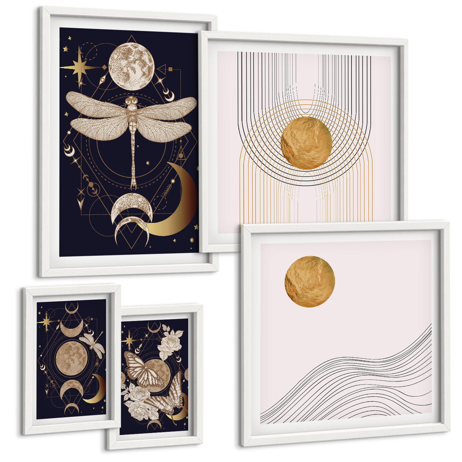 BILDER SET 5er Set - 50x50 cm & 20x30 cm & 40x60 cm Weißer Rahmen - Naturmotive mit dem Mond - Weiß, Kunststoff (40/60cm) - TULUP